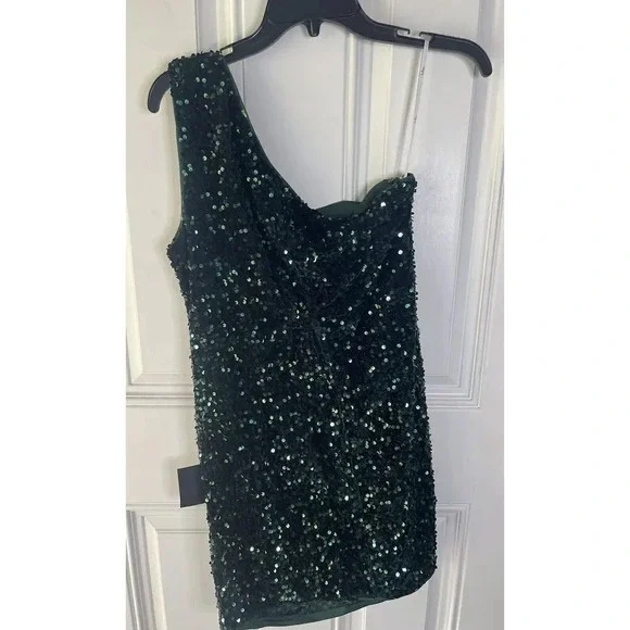 Lulus NWT Endless Luxe Dark Green Sequin Velvet One-Shoulder Mini Dress LARGE - Picture 12 of 13